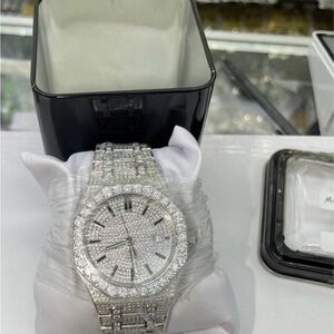 Brand New With Box Mens 14K White Gold Plated Moissanite Steel VVS Iced Watch
